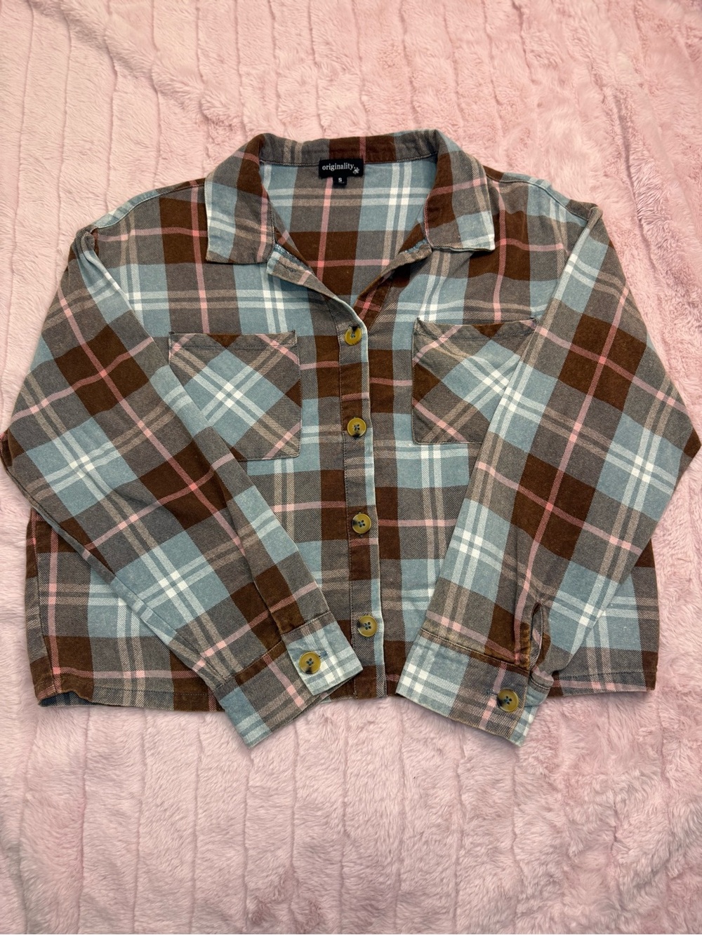 Originality - 100% Cotton Cropped Flannel in Brown, Blue, & Pink - Size S